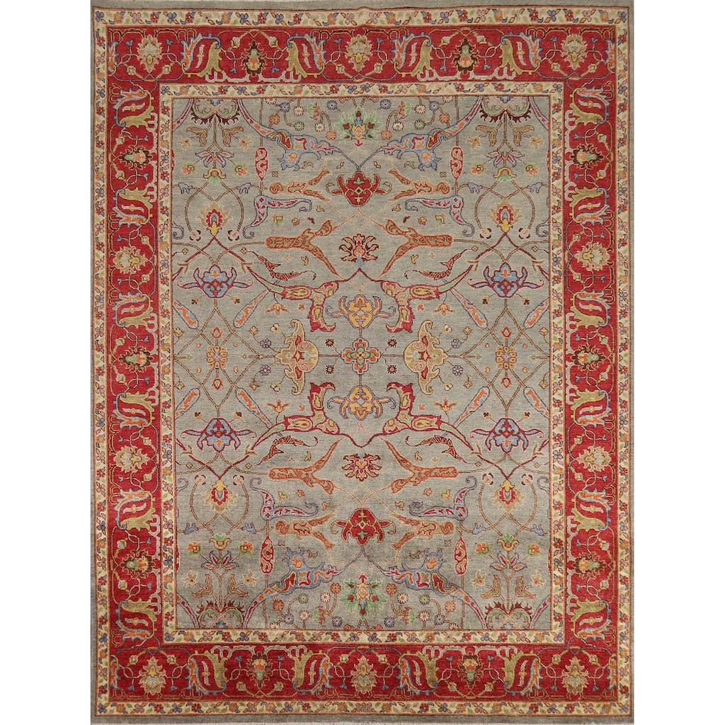 Vegetable Dye Ziegler Area Rug Handmade Green Floral Wool Carpet - 7'11" x 9'10"