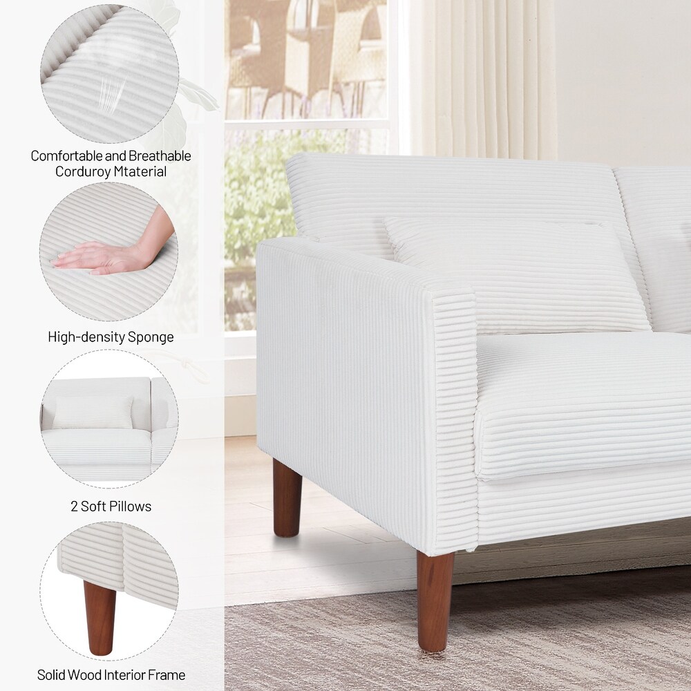 flyout slide 4 of 8, Retro 74 in. Comfy Corduroy Rectangle 2-Seater Loveseat with Solid Wood & 2 Pillows, 4 Color Optional