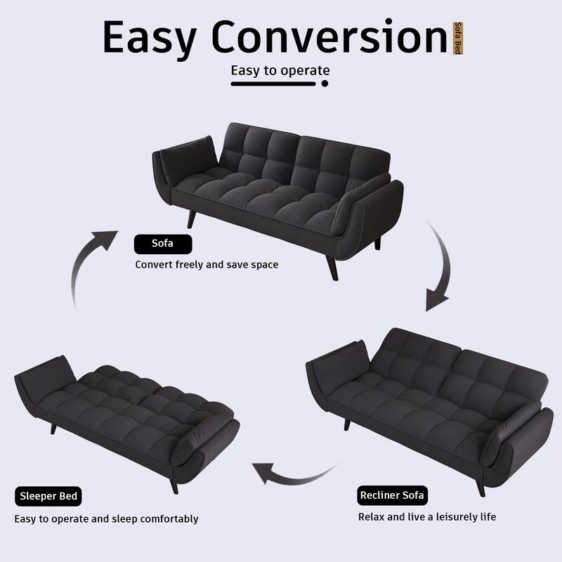 74" Velvet Upholstered Double Sofa Bed, Beige