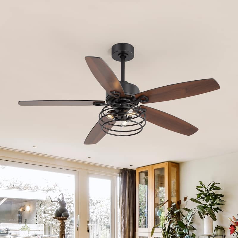 52" Industrial Reversible Wood 5-Blade Black Ceiling Fan with Light and Remote