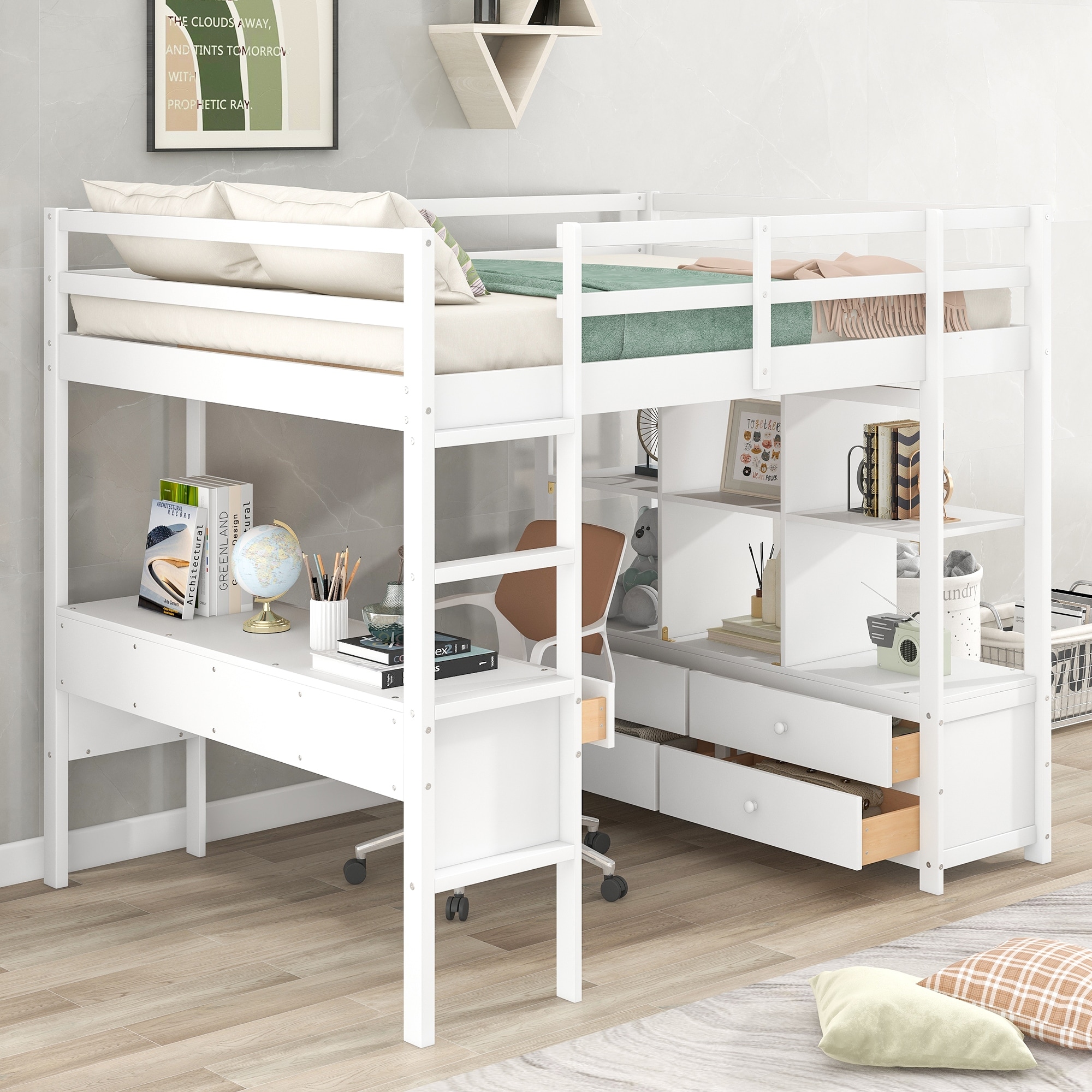 Full Size Loft Bed Top Bunk Guardrail with Built in Desk Sturdy Wood Frame Bed with Two Drawers Storage Shelves and Drawers