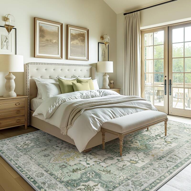 Mcow Green Floral Faded Low Pile Machine Washable Non-Slip Area Rug