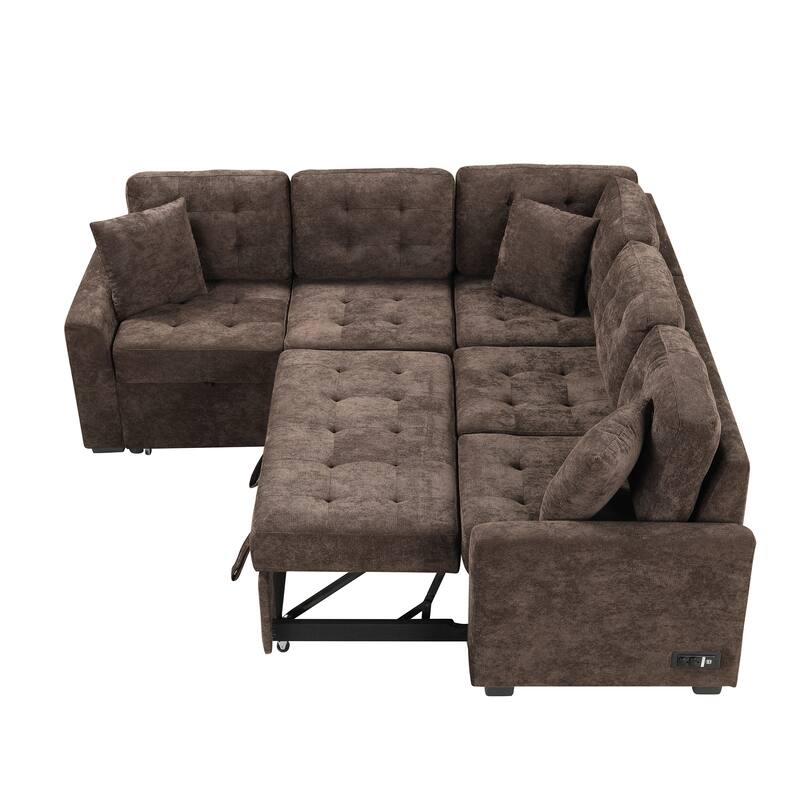 82.6" Velvet L-Shape 4-Seat Sectional Sleeper Sofa with USB Ports, Power Sockets and Wheels