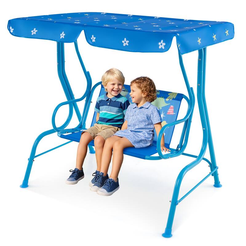 Oxford Cloth Metal Kids Swing with Adjustable Canopy and Safety Belts - 44" L x 28" W x 43.5" H