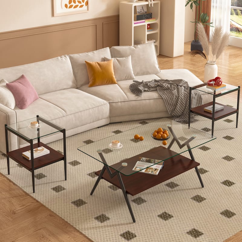 3-Piece Set, Modern Coffee Table Tempered Glass Coffee Table with 2-Tier Storage Shelves, for Living Room - White