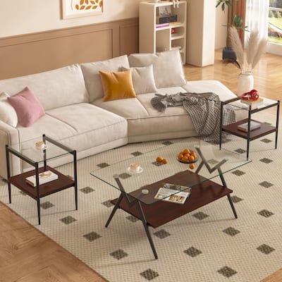 3-Piece Set, Modern Coffee Table Tempered Glass Coffee Table with 2-Tier Storage Shelves, for Living Room