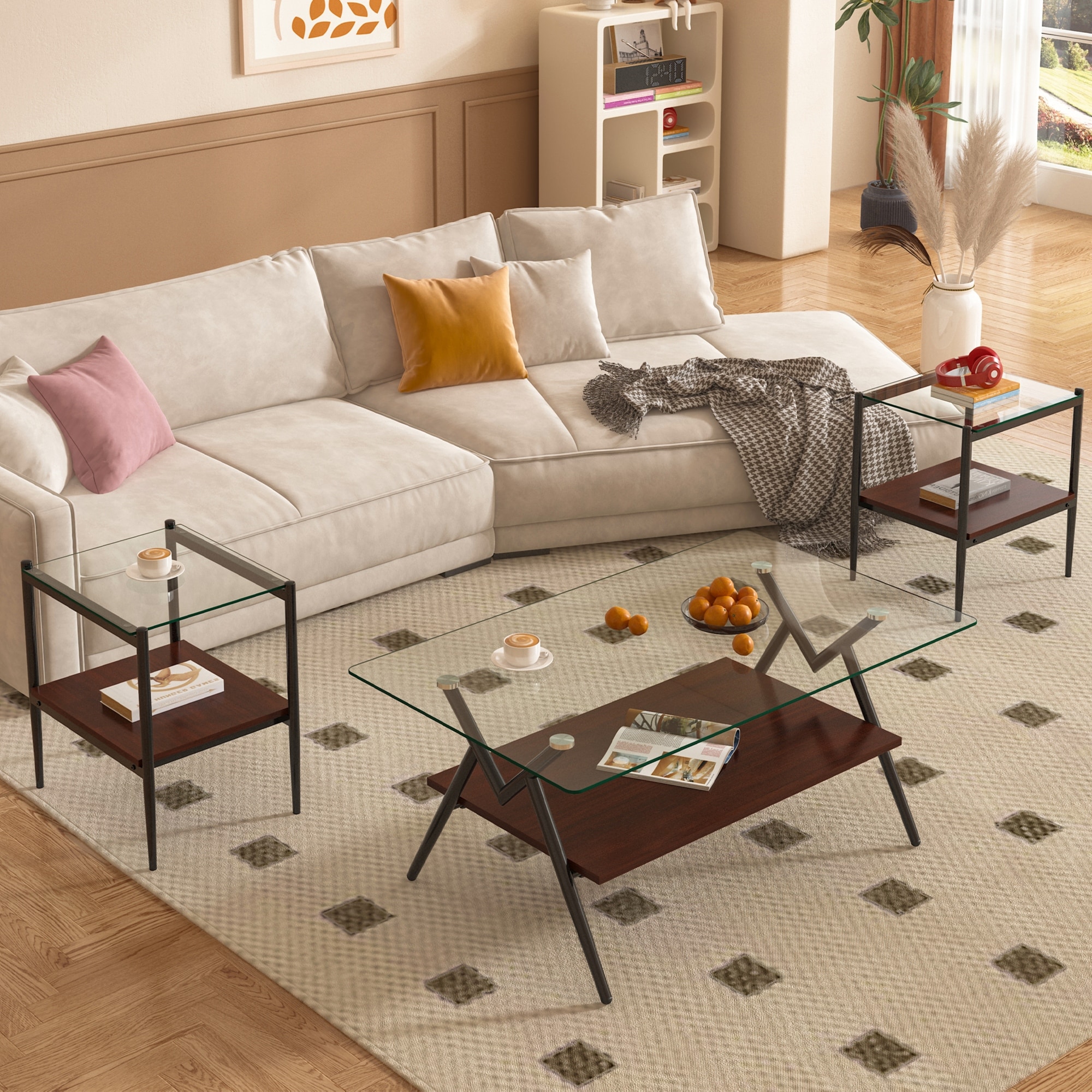 3-Piece Set, Modern Coffee Table Tempered Glass Coffee Table with 2-Tier Storage Shelves, for Living Room