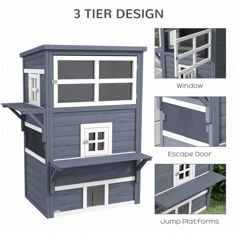 PawHut 3-Story Cat House Feral Cat Shelter, Outdoor Kitten Condo with Raised Floor - Dark Gray