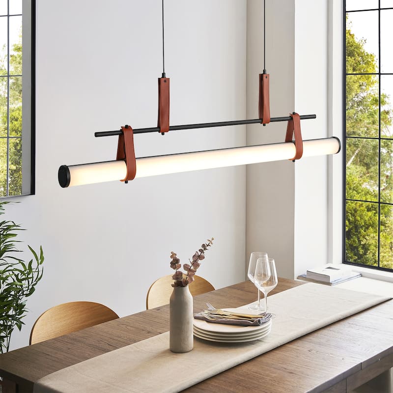 41.7" W Modern Cylinder Linear Acrylic Island LED Pendant Light with Leather Accents for Dining Room - Black/Brown/White - 41.7 in. W x 11.8 in. H x 4.7 in. D