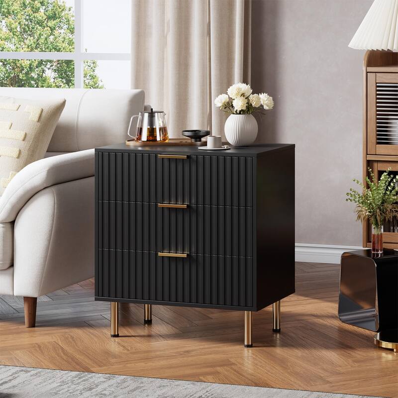 Fluted 3 Drawer Dresser for Bedroom, Modern Wooden Chest with Deep Drawers and Wide Top - Black