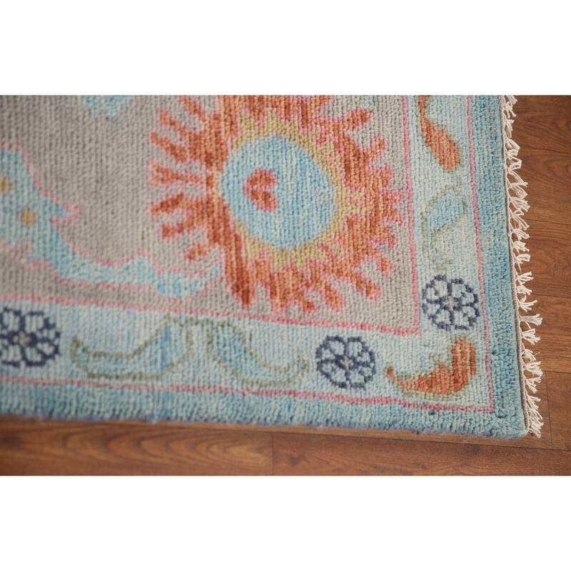 Light Blue Floral Oushak Area Rug Hand-Knotted Oriental Wool Carpet - 8'11"x 11'10"