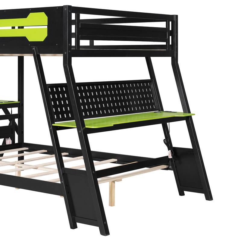 Gaming Bunk Bed Two Built-In Gaming Desks Each Side Loft Bed with USB Desktop Ports and Pegboard Organizer for Gaming Room Gamer