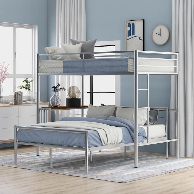 Twin Over Full Metal Bunk Bed with Desk, Ladder and Quality Slats - Silver