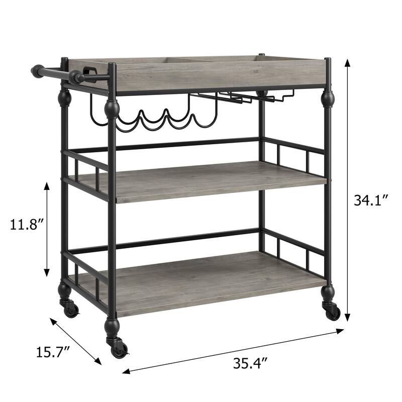 Farmhouse 3 Tier Bar Cart with Removable Tray for Kitchen - 15.7"D x 35.4"W x 34.1"H