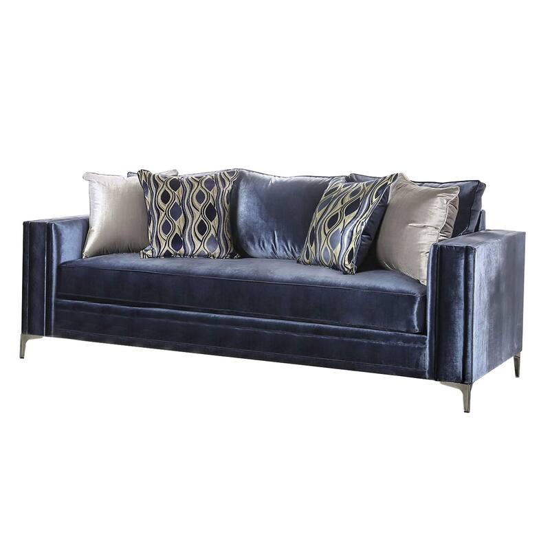 Odie Sofa Loveseat Set, 6 Throw PIllows, Satin Blue Silver Microfiber