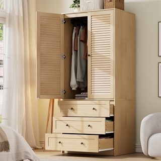 Armoire Wardrobe Closet with Drawers, 69.5" Wooden Wardrobe Cabinet with Hanging Rod, 2 Doors Clothing Storage Cabinet