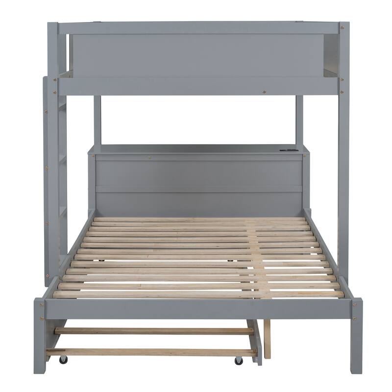 Full-Over-Full Bunk Bed with Twin Trundle, Storage, Desk, and USB Ports, Gray