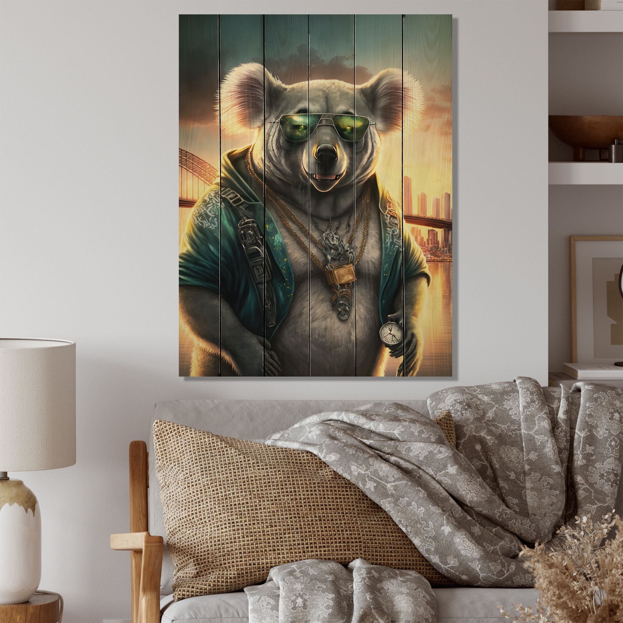 Designart 'Koala Gangster In NYC'Animals Koala Wood Wall Art Natural Pine  Wood Bed Bath  Beyond 37860425