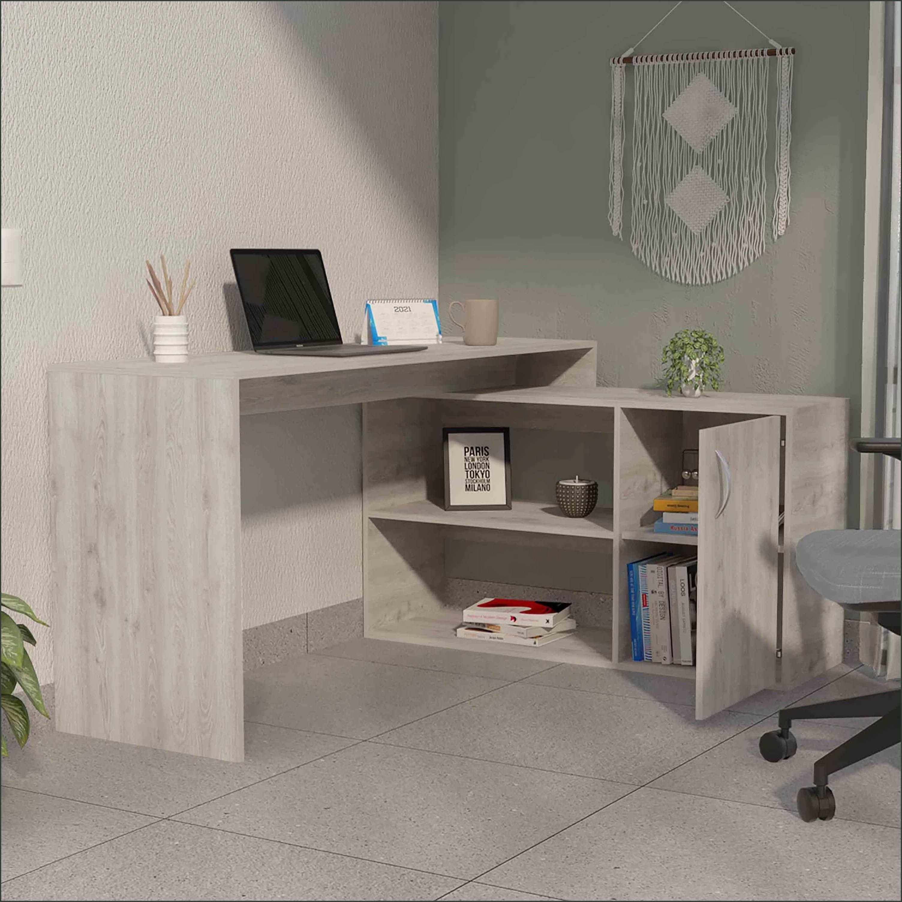 Desks, L-Shaped Writing Desk with 2 Shelves and Single Door Cabinet, 59.64inW x 25.39inH