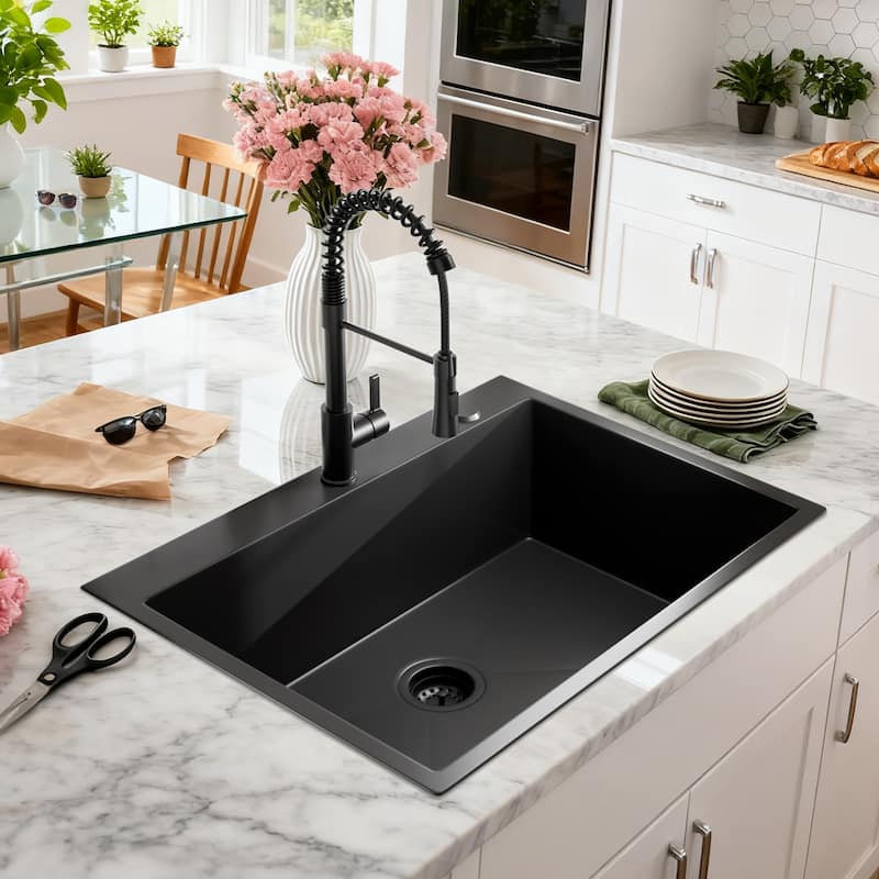 30 inch Drop-in Single Bowl Kitchen Sink, 18 Gauge Black Stainless Steel Kitchen Sink, Handmade Topmount Sink