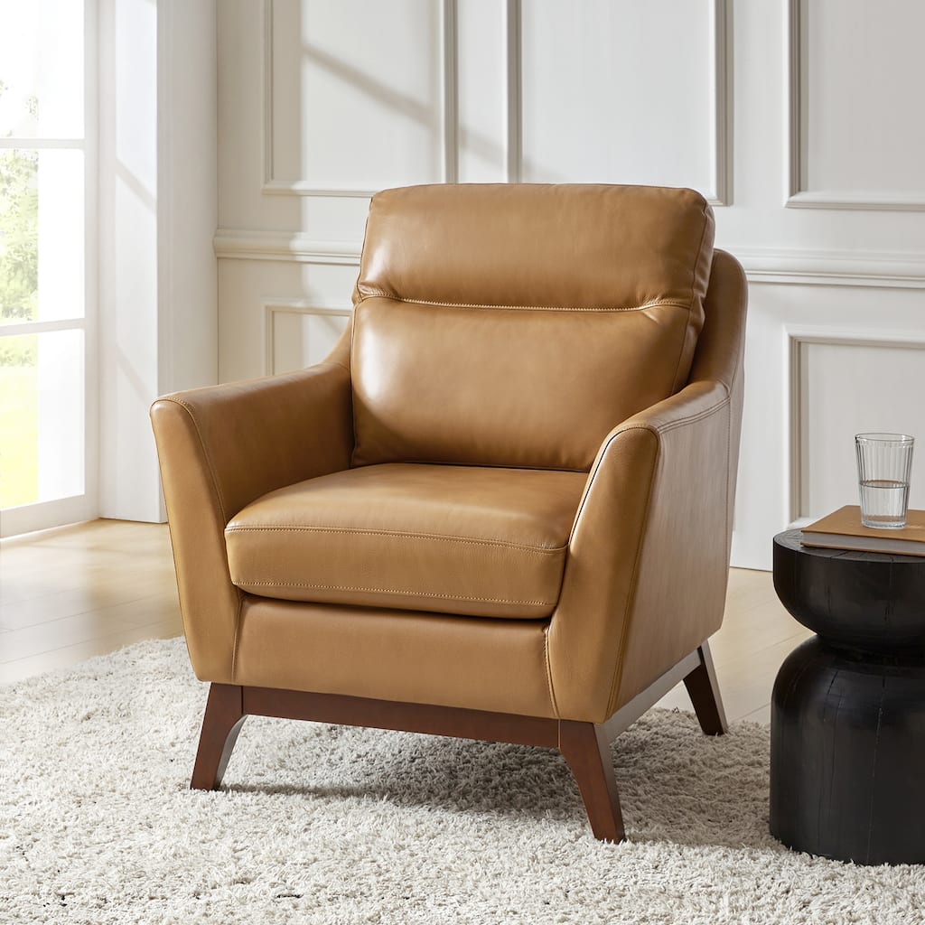 Latinus Mordern Genuine Leather Armchair with Solid Wood Legs by HULALA HOME