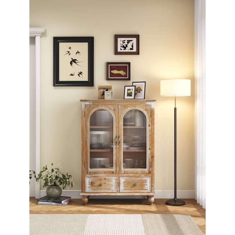 Farmhouse Storage Cabinet,Wood Kitchen Pantry Cabinet with 2 Glass Doors & 2 Drawers,Freestanding Buffet Cupboard with Shelves - Antique Brown+White
