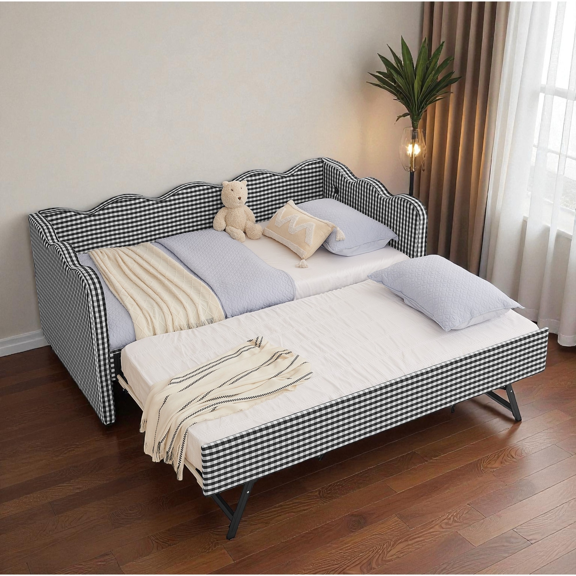 Twin Size Daybed with Trundle and USB Port, Upholstered Sofa Bed with Wavy Design, Linen Fabric Frame, No Box Spring Needed