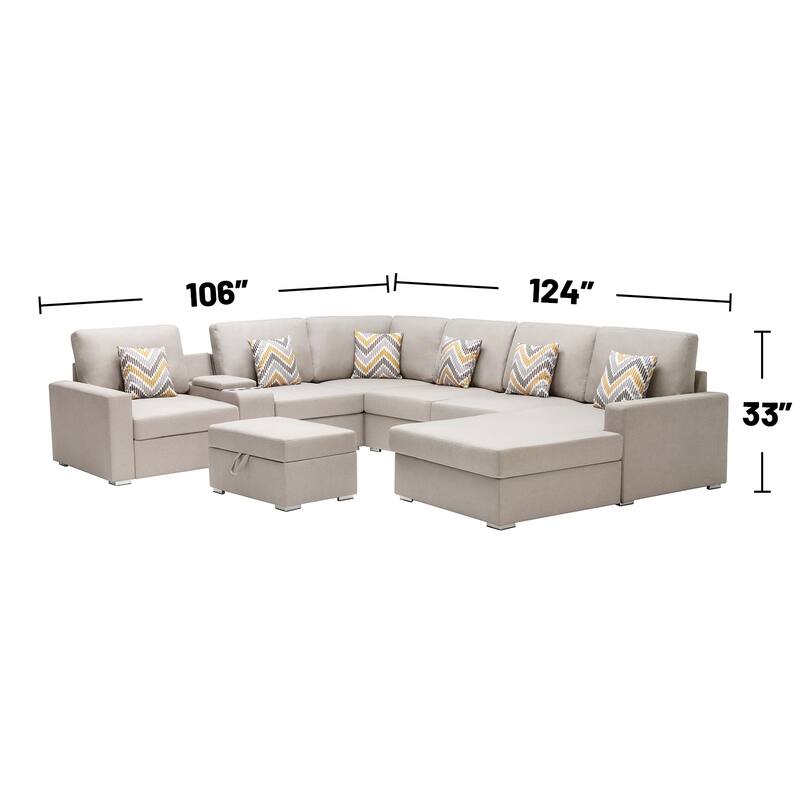 Linen Fabric 8 Piece U-Shaped Reversible Chaise Sectional Sofa with Interchangeable Legs and 6 Pillows