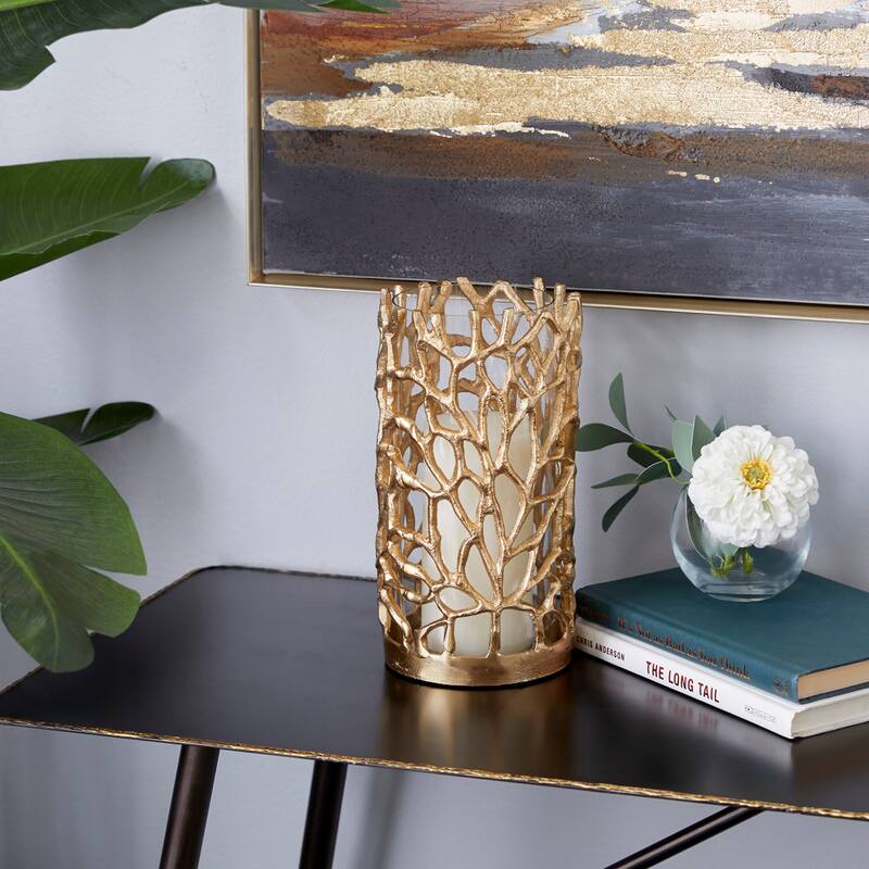 Gold Aluminum Metal Decorative Indoor Outdoor Candle Lantern with Coral Pattern - 5 x 5 x 10