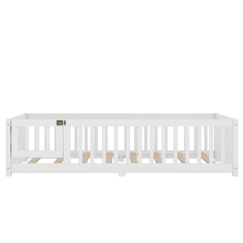 Montessori Toddler Floor Bed with Fence and Switchable Door, Low Profile Bed Frame with Removable Slats, Safe Transition Bed