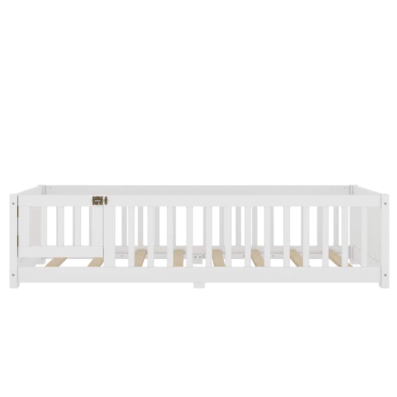 Twin Size Bed Floor Bed w/ Safety Guardrails & Door for Kids - White