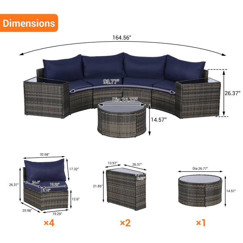 7-Piece Outdoor Patio Half-Moon Sectional Sofa Set with Tempered Glass Coffee Table