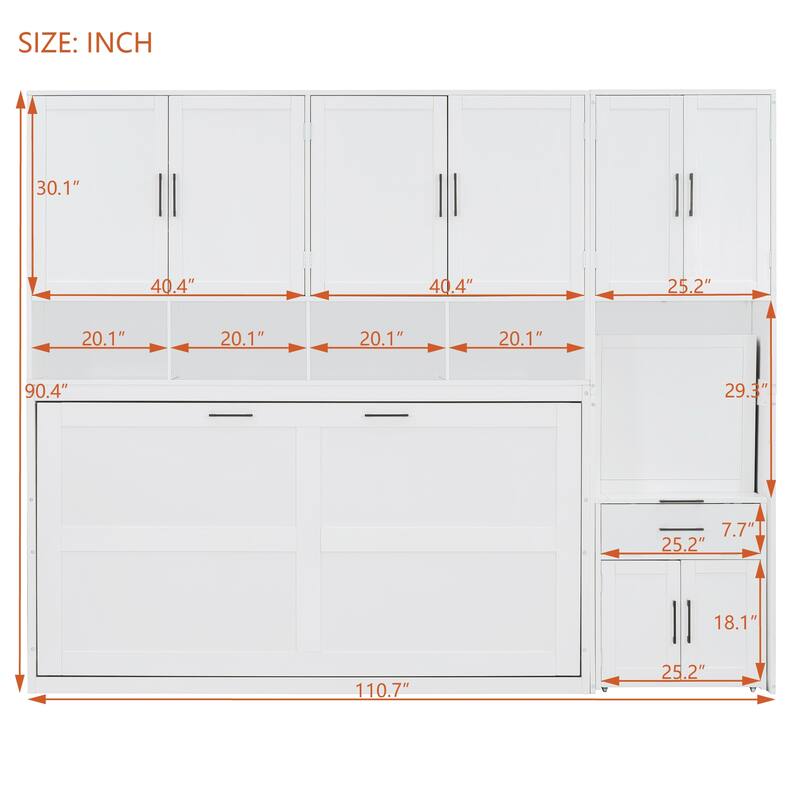 Roomfitters Twin Size Murphy Bed with Closet, Drawers and Desk, Convertible Wall Bed for Small Spaces, White