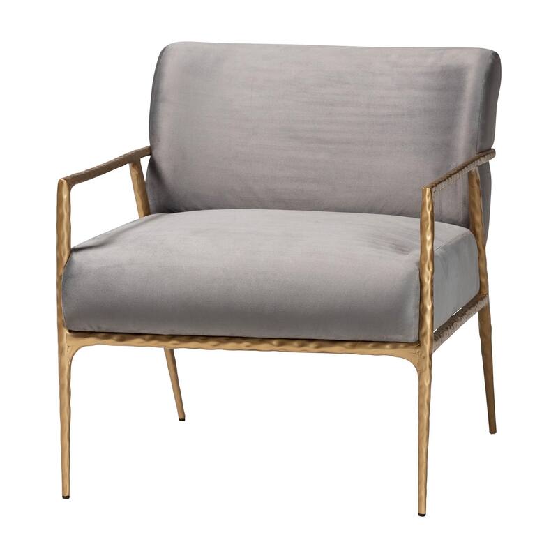 Ilmari Velvet Lounge Chair with Track Arms - Modern Rustic Armchair with Hand-Forged Metal Frame for Living Room or Lounge - Grey/Gold