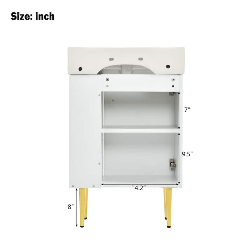 Bathroom Vanity with Ceramic Sink, Solid Wood Cabinet with Open Shelves, Freestanding Bathroom Vanity with Metal Legs