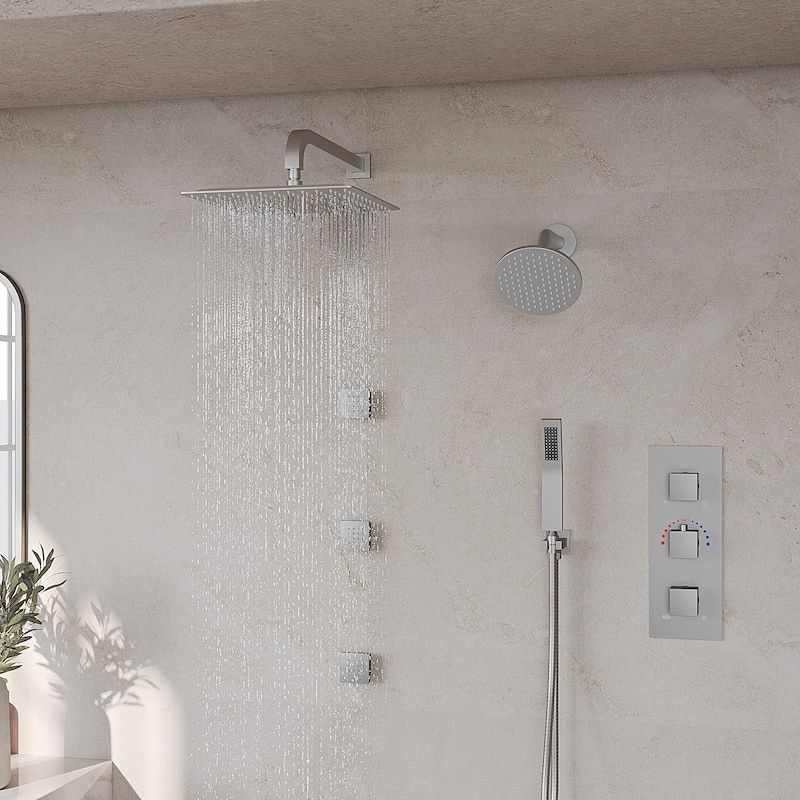 GRANDJOY 12" Wall Mounted Shower System Dual Shower Heads with 6 Body Jets