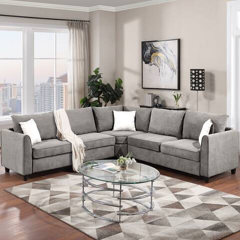 L-shaped Grey Fabric Sectional Sofa with 3 Pillows