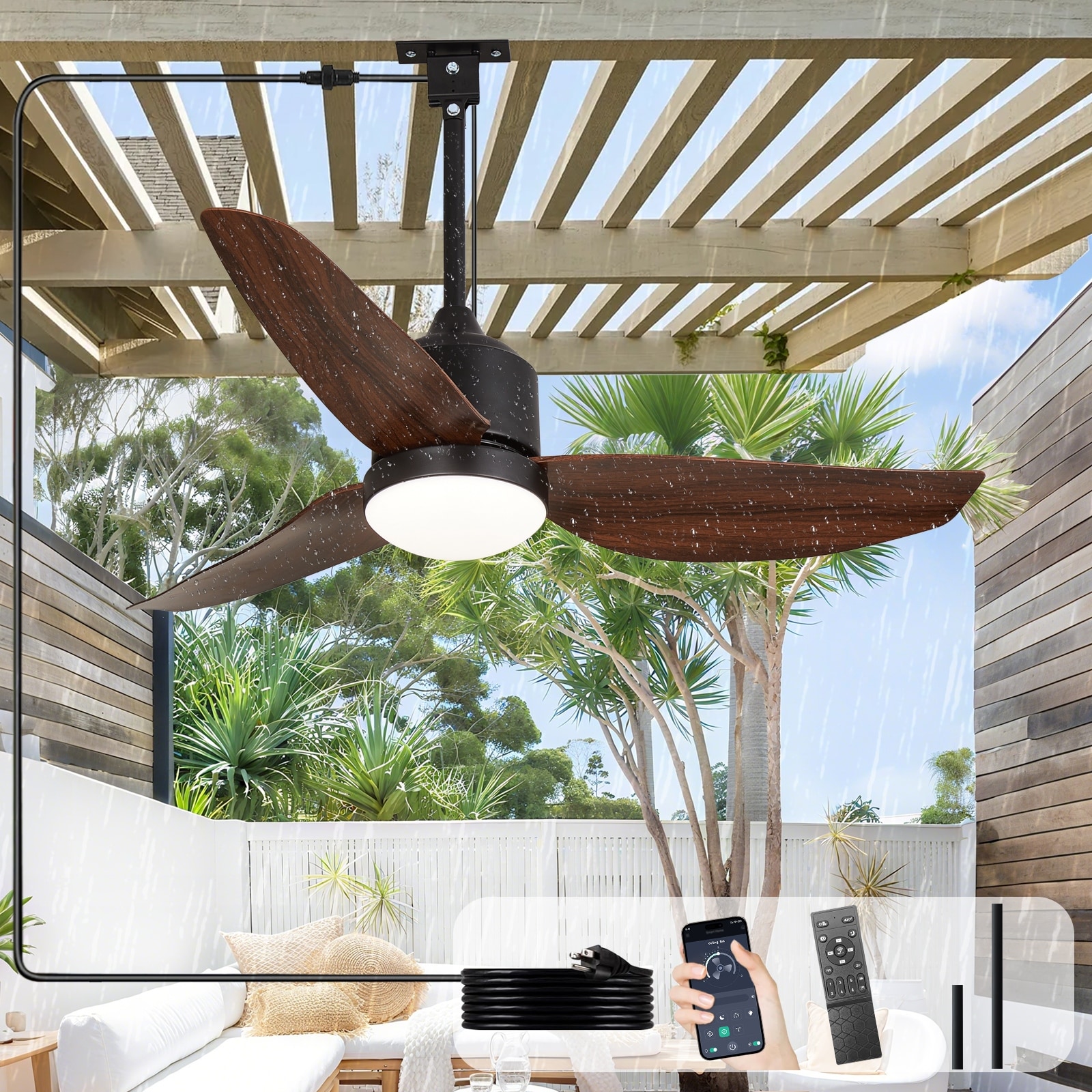 Outdoor Ceiling Fan with Light: 42-52 Inch Hanging - Plug in Waterproof Fans for Patio - Dimmable Remote App Control Black