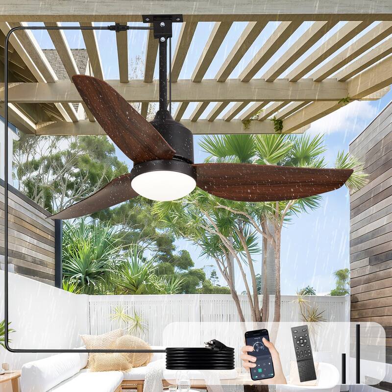 Outdoor Ceiling Fan with Light: 42-52 Inch Hanging - Plug in Waterproof Fans for Patio - Dimmable Remote App Control Black - 42in - Walnut