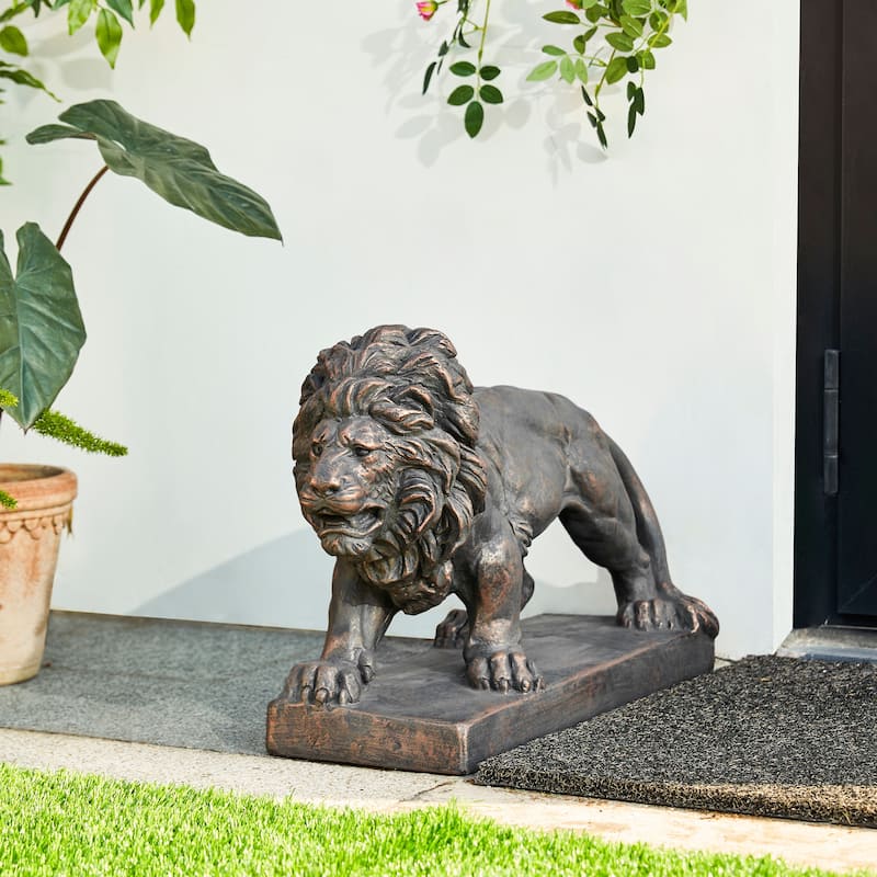 Glitzhome Set of 2 MgO Majestic Walking & Lying Guardian Lion Statues Porch Sculpture Indoor Outdoor