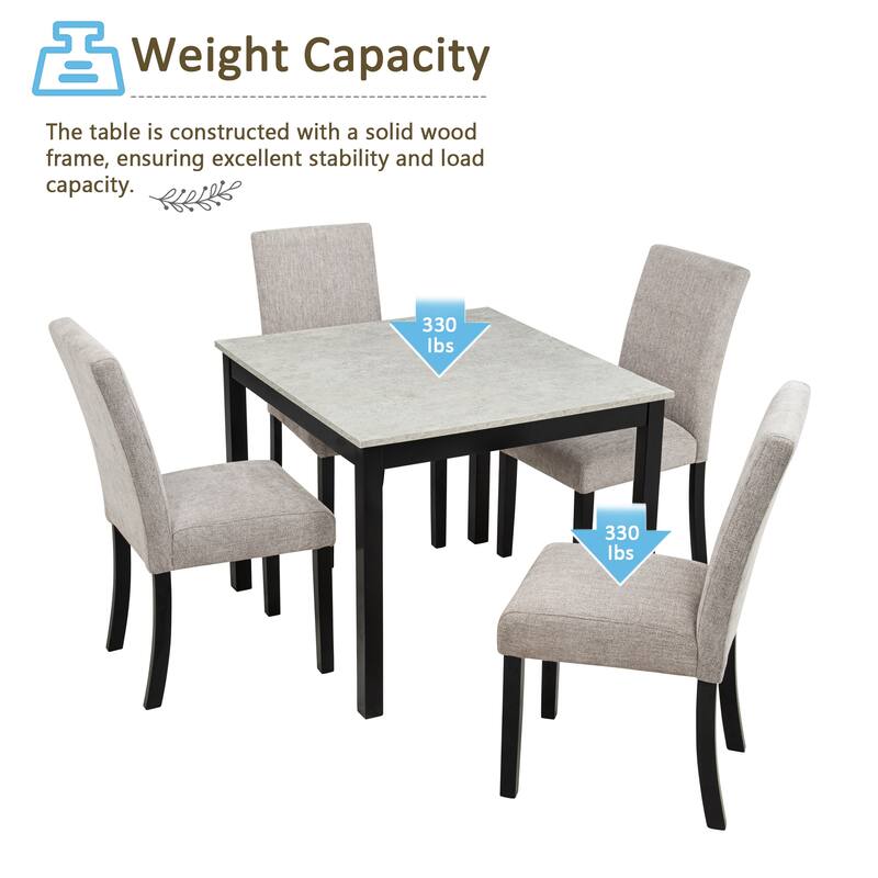 5 Piece Rubber Wood Dining Table Set for 4, Kitchen Table w/4 Upholstered Chair, Space-Saving Design, for Dining Room, Apartment