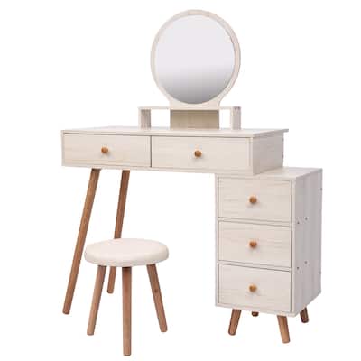 Modern dresser - Large Round Mirror, Cushioned Stool, and 5-Drawer Makeup Storage Cabinet（White）