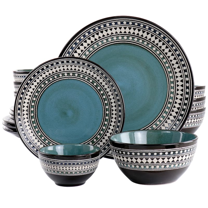 Stoneware Dinnerware 16 Piece Set in Teal Geometric Edge - Blue - 16 Piece