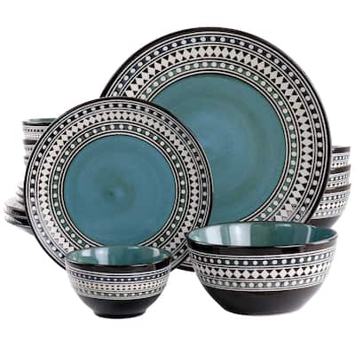 Stoneware Dinnerware 16 Piece Set in Teal Geometric Edge