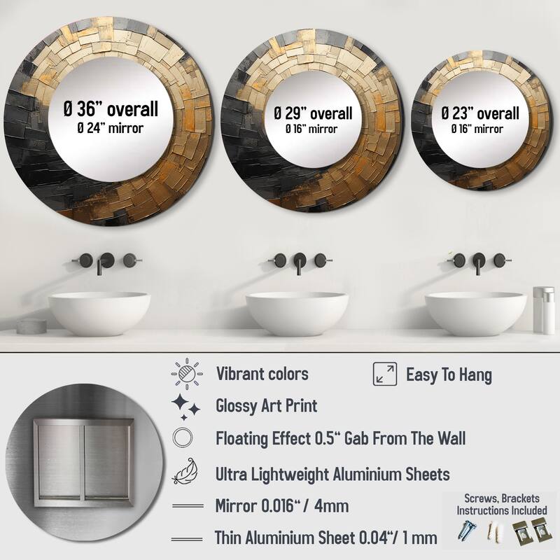Designart "Gold Black Spiral Poteries" abstract spirals Round Office Mirror - gold Modern Mirror For Wall Décor
