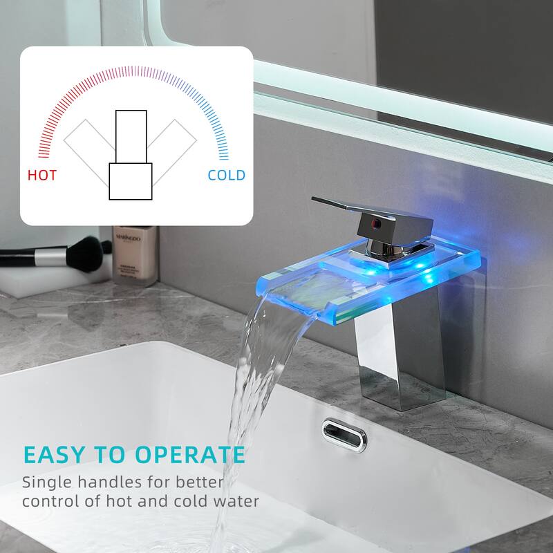 Bathroom Sink Faucet LED Light Changing Waterfall Glass Spout Mixer Single Handle One Hole Deck Mounted Bathroom Faucet