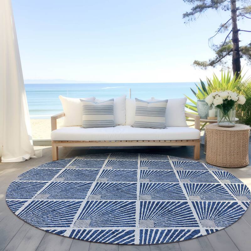 Machine Washable Indoor/ Outdoor Chantille Modern Shells Rug - Navy - 8' x 8'