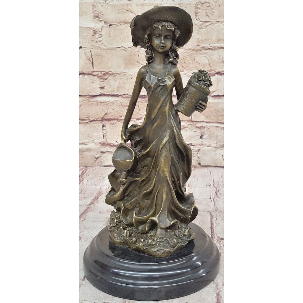 Young 19Th Century Girl Child In Hat W/ Watering Can - Bronze Sculpture By Jean Patoue