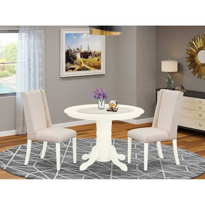 HomeStock 3-Pc Linen white Solid Wood Top - Round Upholstered Dining Room Set - Seats 4