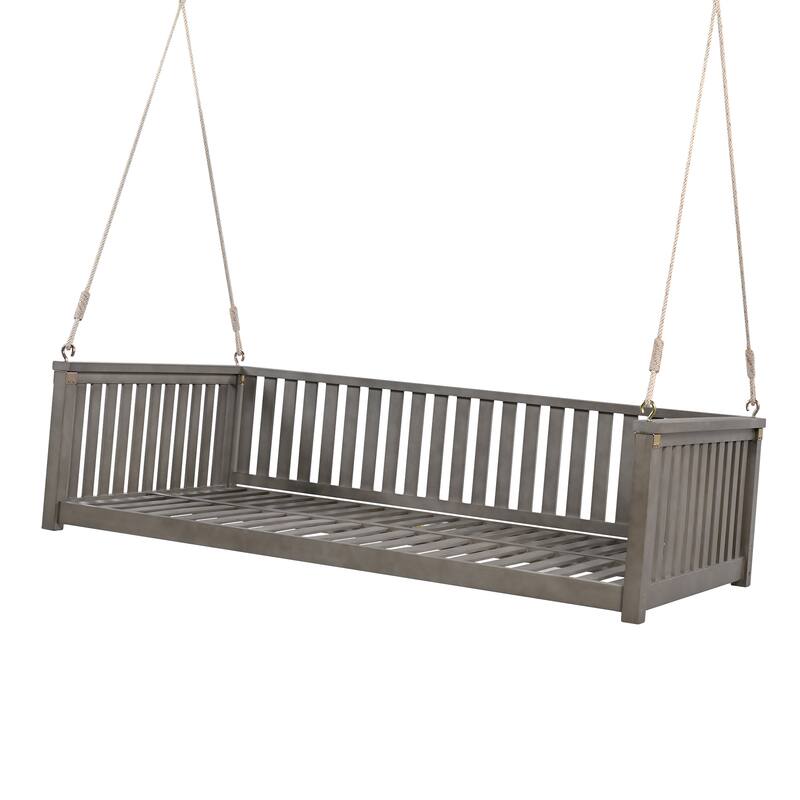 Acacia Wood Twin Size Patio Swing Bed, Outdoor Porch Hanging Bed with Safe Sloped Design and Hemp Ropes for Garden or Backyard